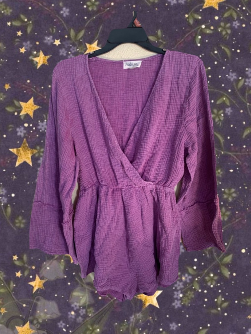 Peach Love California Purple Gauze Wrap Tunic Romper